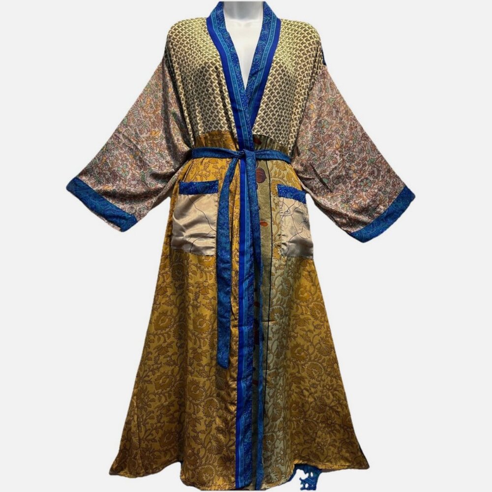 Nwt FUNKY STUFF boho patch belted vintage silk TOP DUSTER CARDIGAN 6X